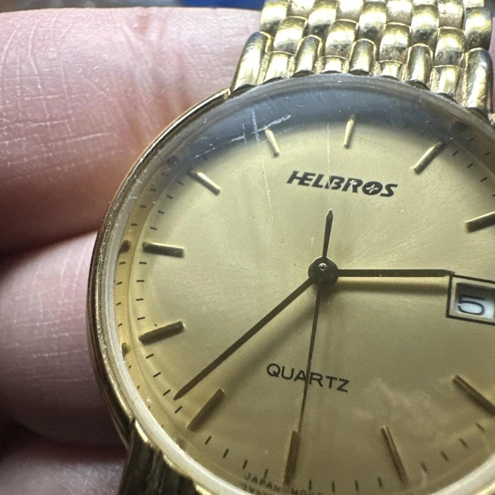 Works VTG Womens Helbros Gold Tone Quartz Big Dial 32mm Japan Running Fit 6.25in